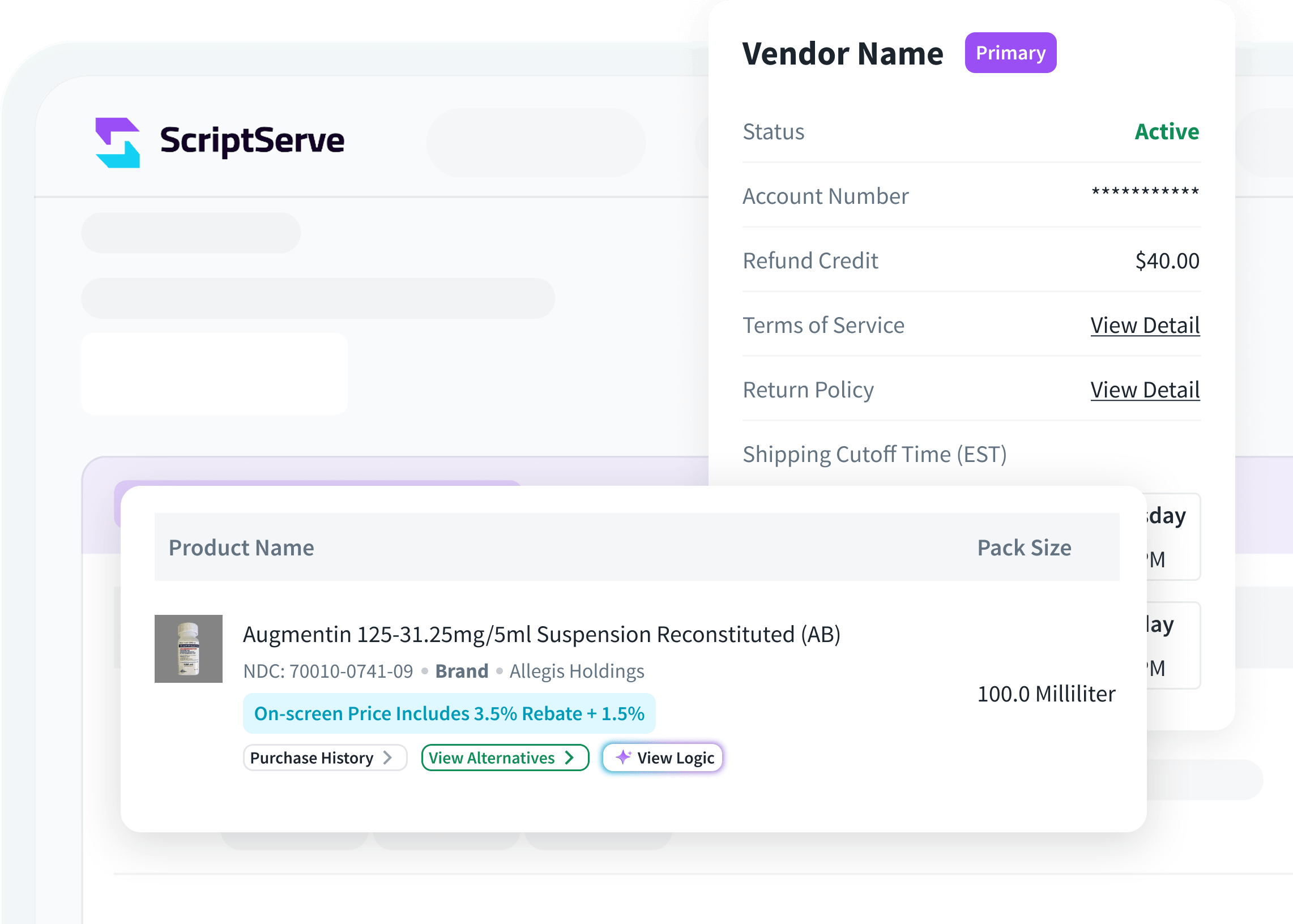 ScriptServe product detail view showing rebate-inclusive pricing and purchasing actions